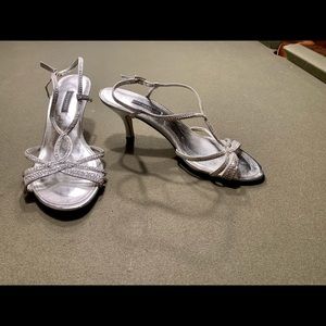 Silver leather and rhinestone strappy heels